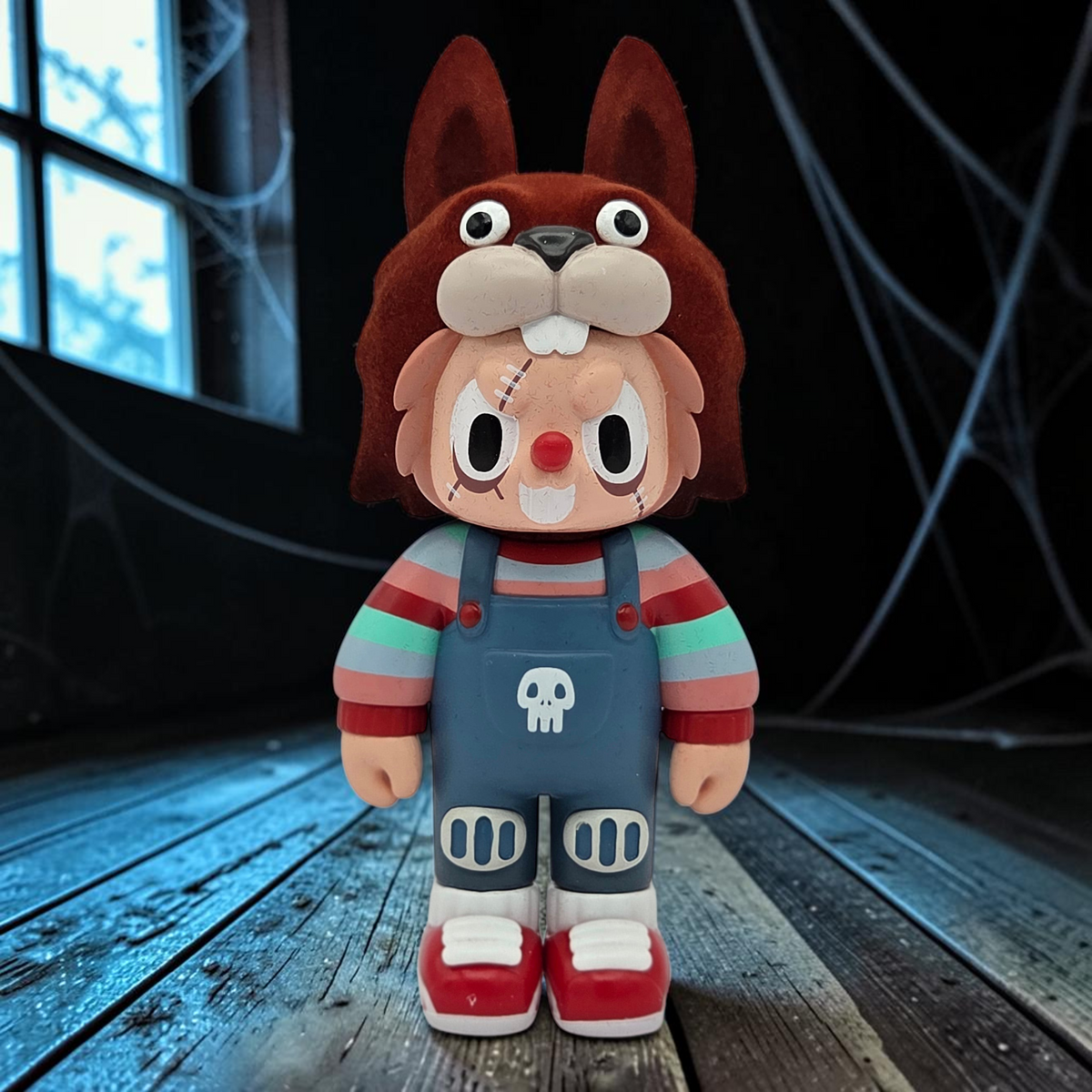 Momof2boyz Shop Rebel Bear monster art toy wearing a brown wolf hood, striped shirt, and blue skull overalls.