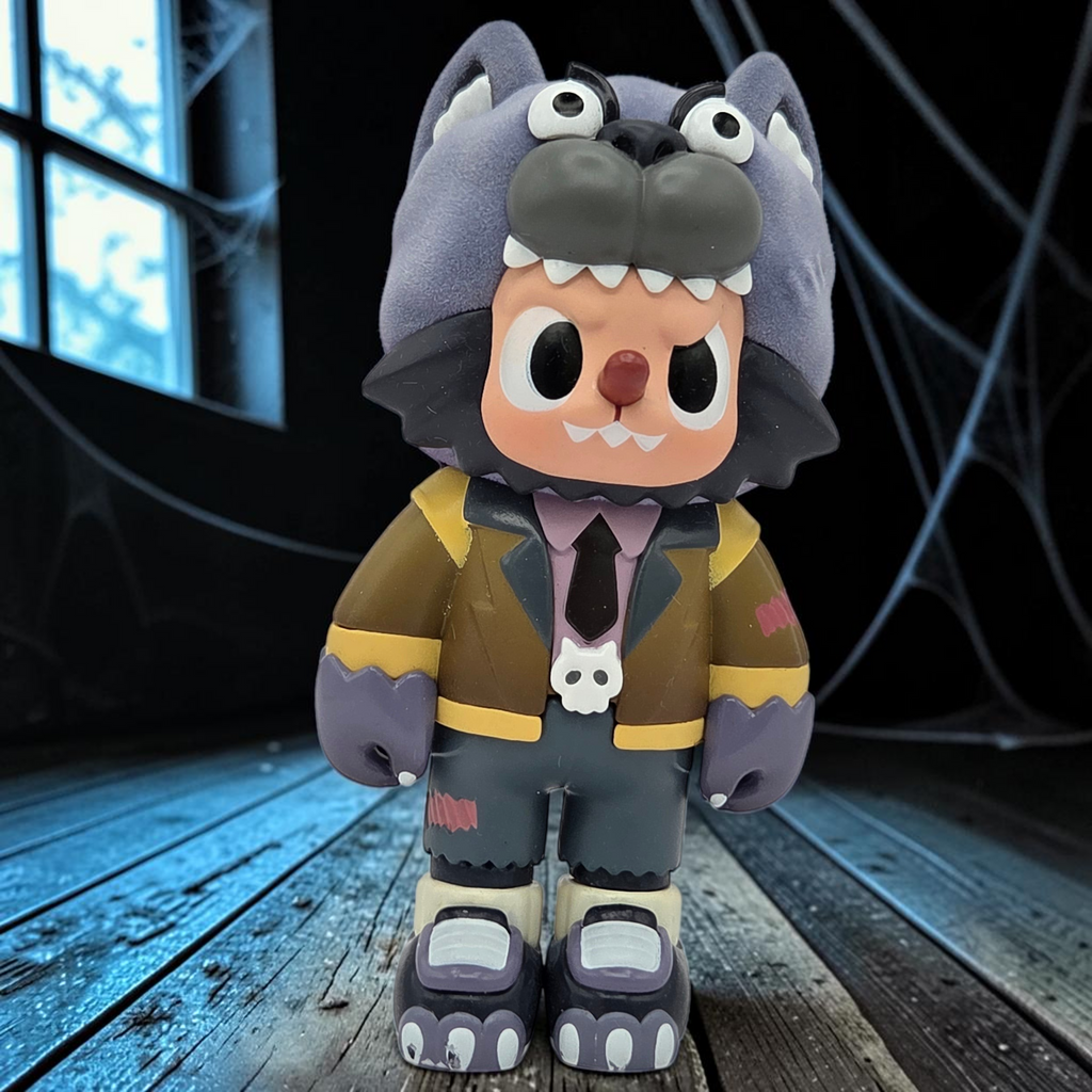 Momof2boyz Shop Rebel Bear Monster Series vinyl figure wearing a grey werewolf hood and brown jacket