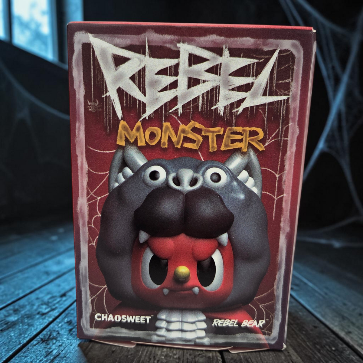 Momof2boyz Shop Chaosweet Rebel Monster Series blind box featuring a red and grey bear monster art toy figure