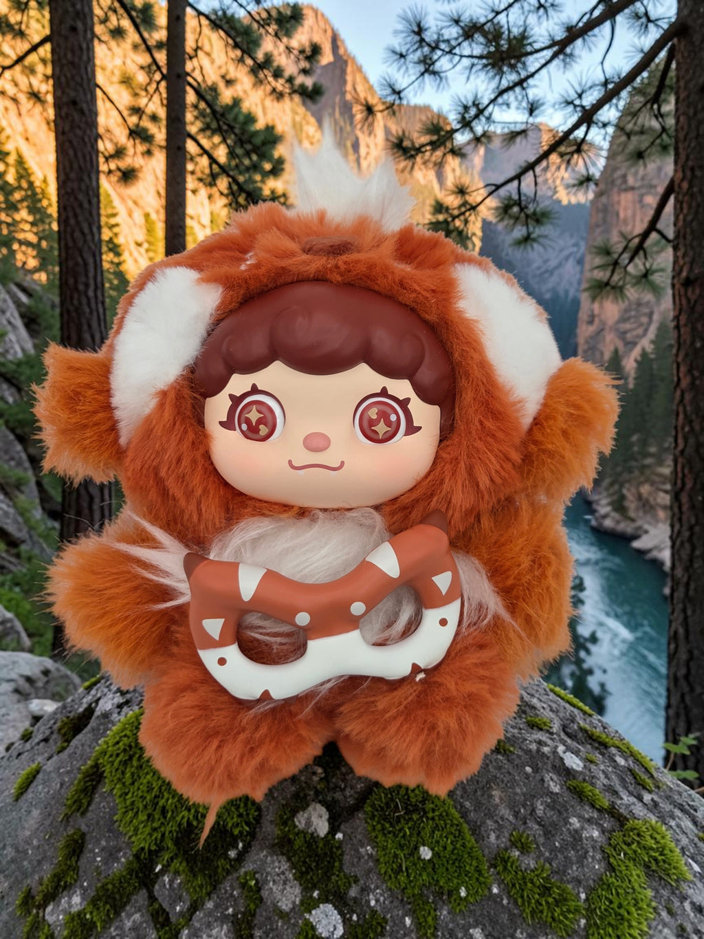 Momof2boyz Shop Mochi Little Monster Sunny Red Panda plush keychain with removable mask on a mossy rock in nature