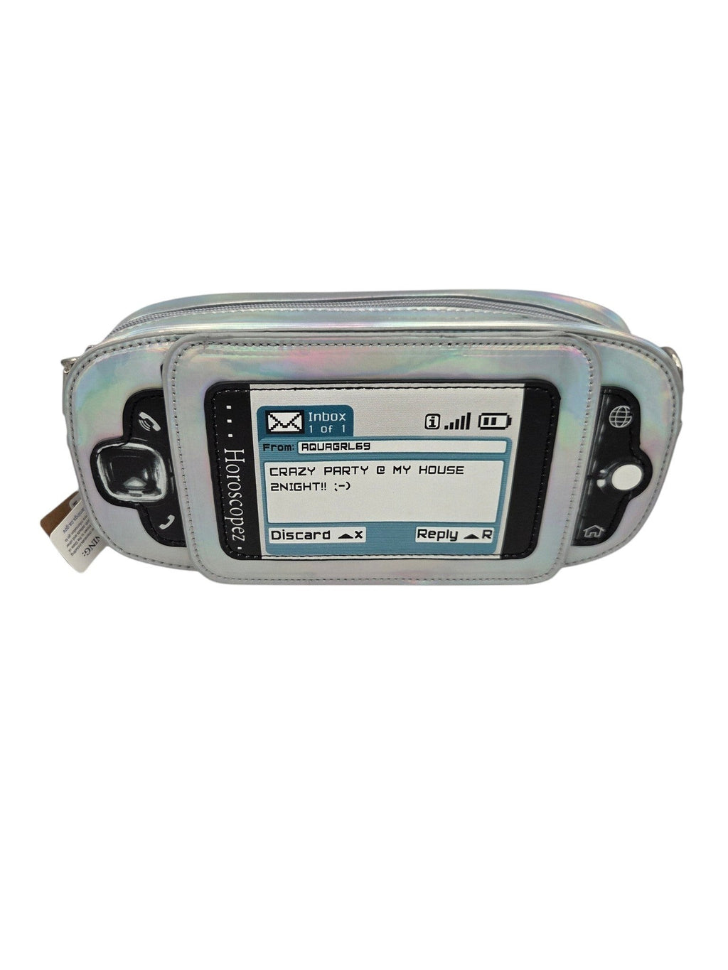 Momof2boyz Shop iridescent silver retro mobile phone crossbody bag with a Y2K text message screen graphic