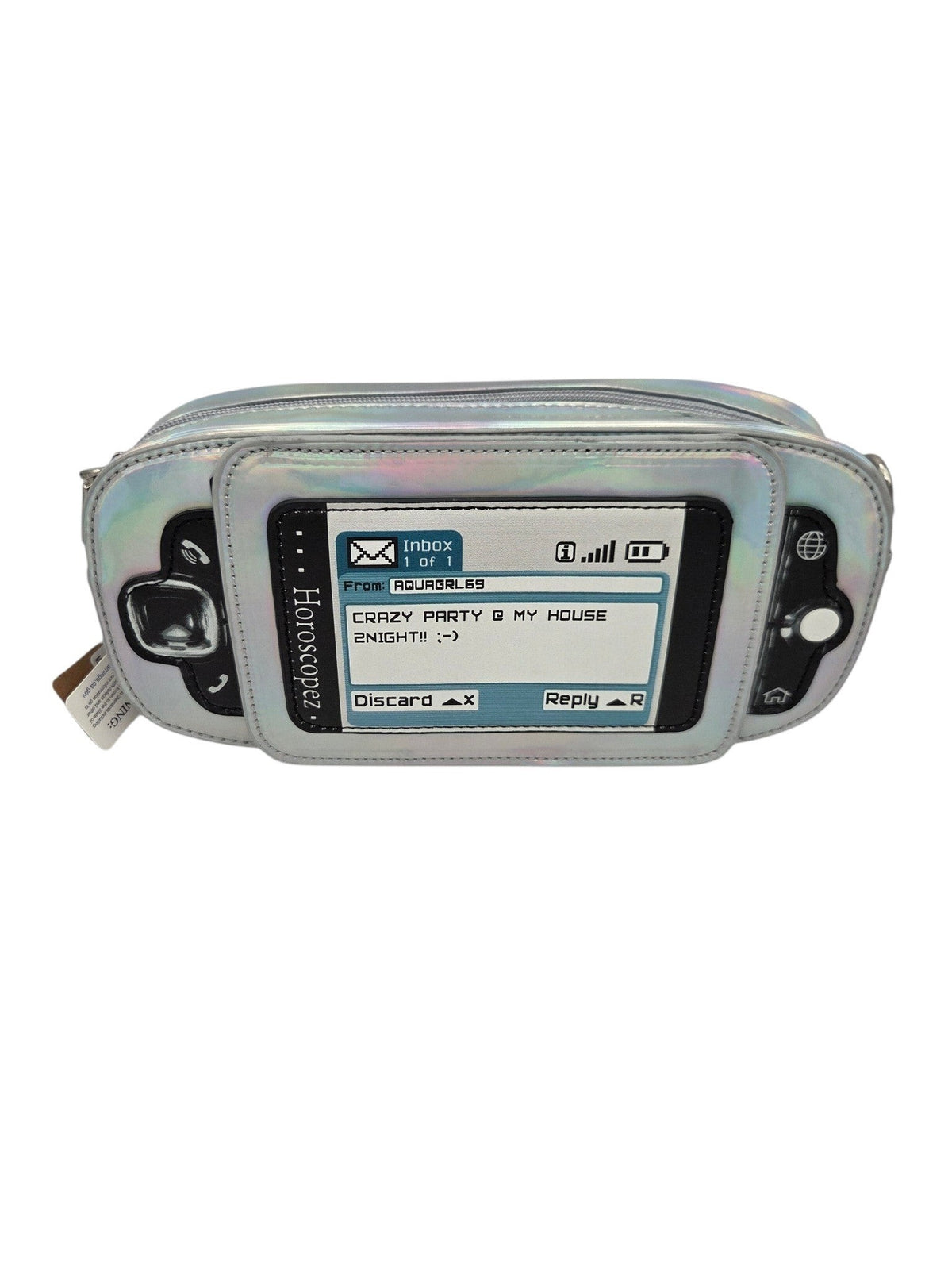 Momof2boyz Shop iridescent silver retro mobile phone crossbody bag with a Y2K text message screen graphic