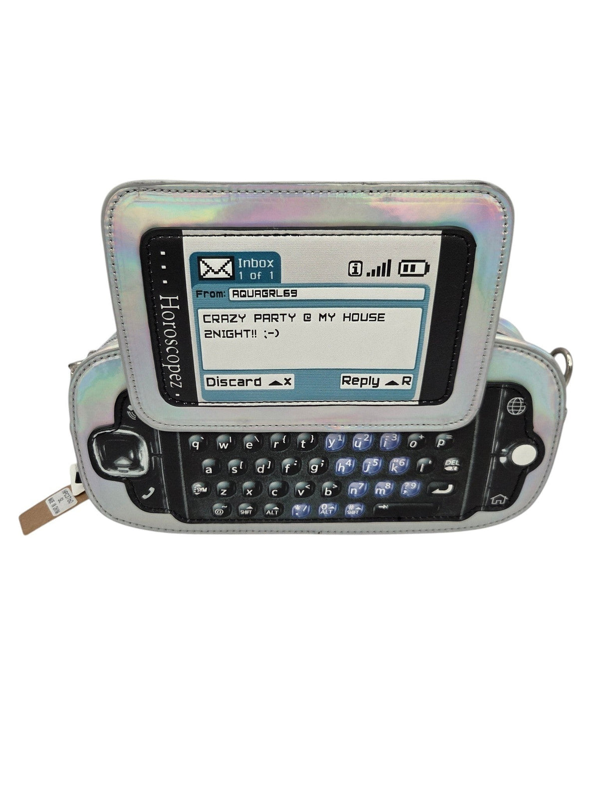 Momof2boyz Shop iridescent silver retro mobile phone shaped crossbody bag with a pixelated text message screen design.