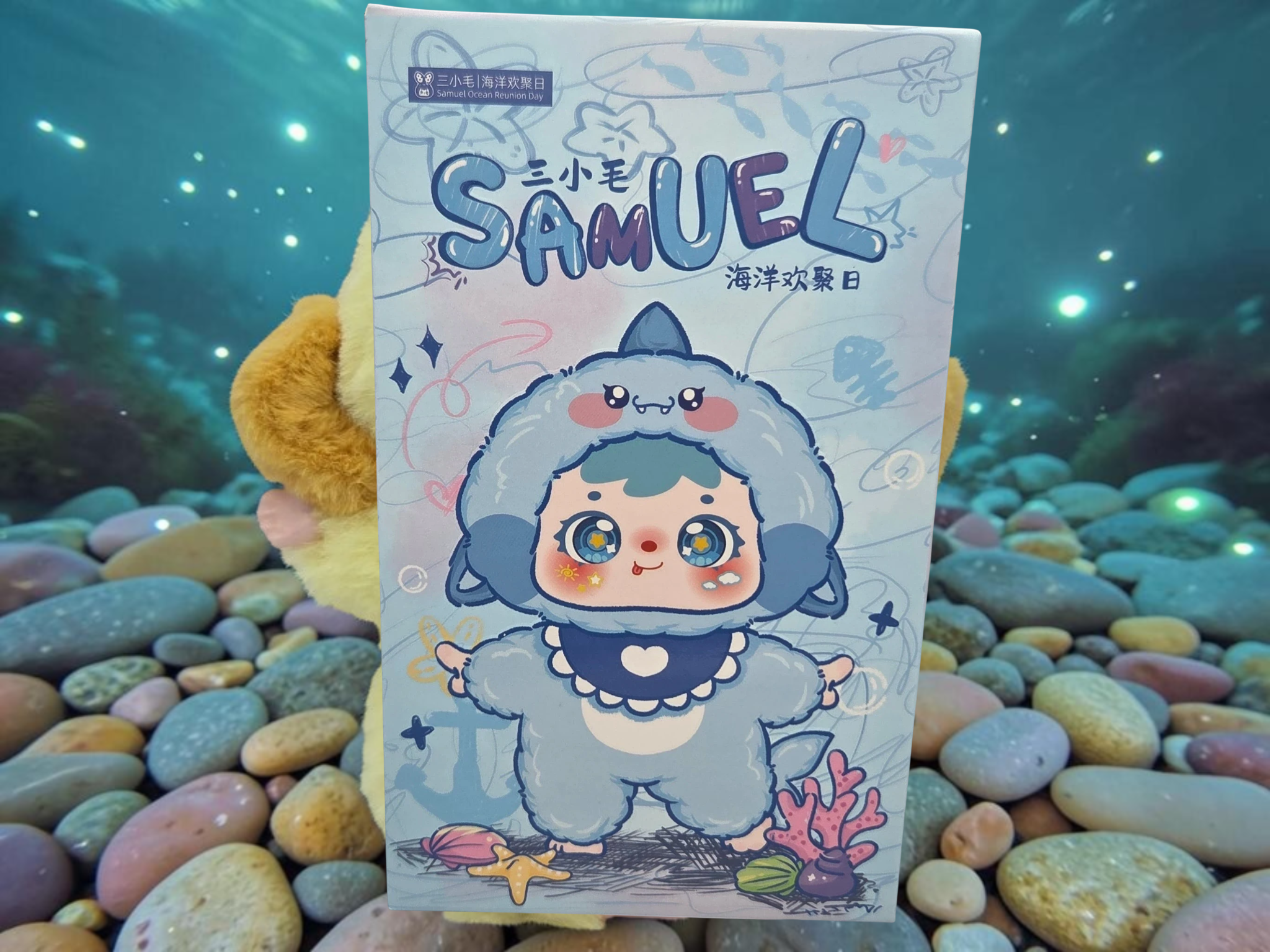 Momof2boyz Shop Samuel Ocean Reunion Day collectible box featuring a cute character in a blue spiny porpoise costume.