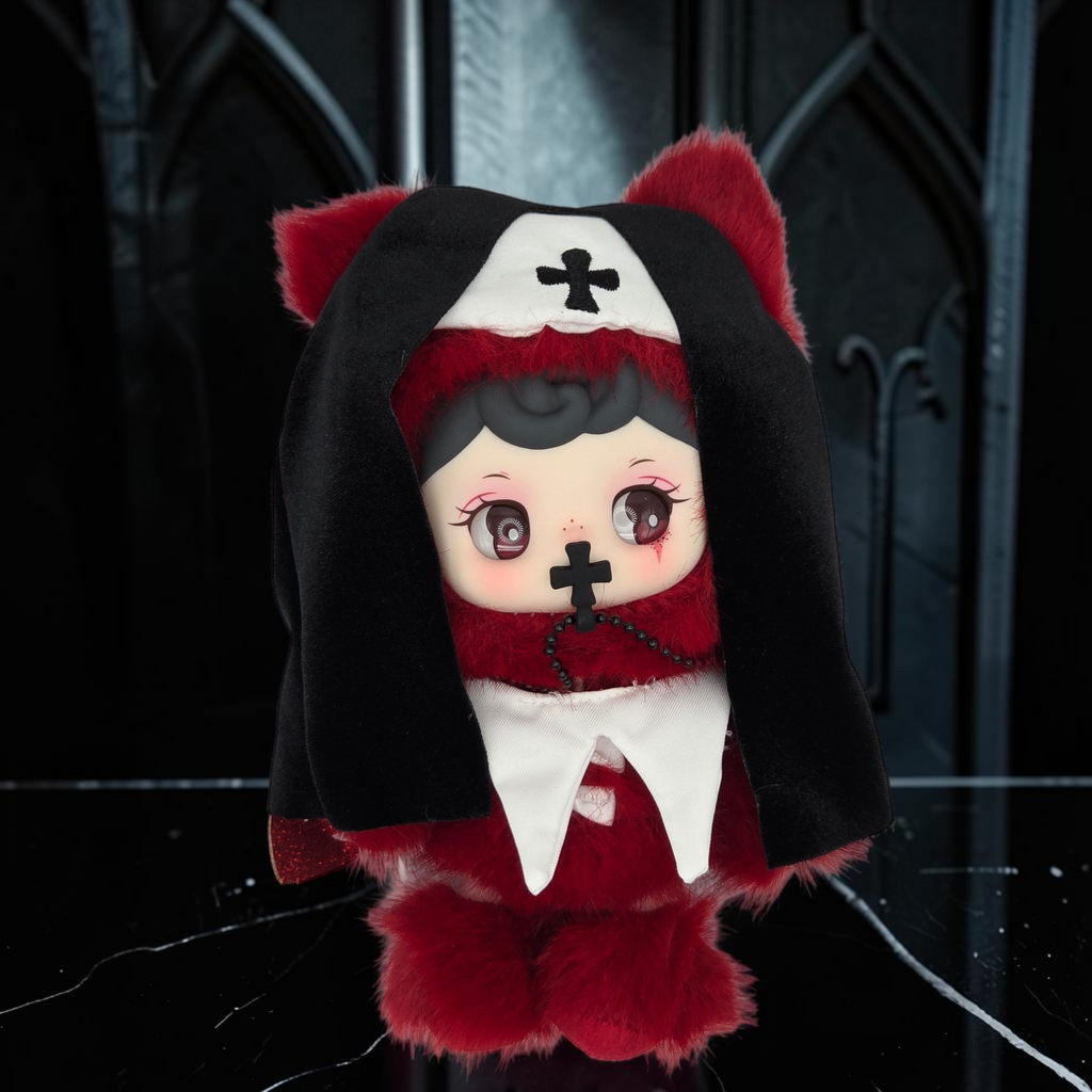 Momof2boyz Shop Silent Haven Tarti plush figure in deep red faux fur wearing a black and white gothic nun costume.
