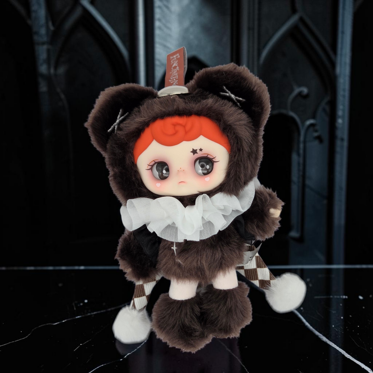 Momof2boyz Shop Silent Haven Tarti plush bear figure with orange hair, dark faux fur, and a white lace collar.