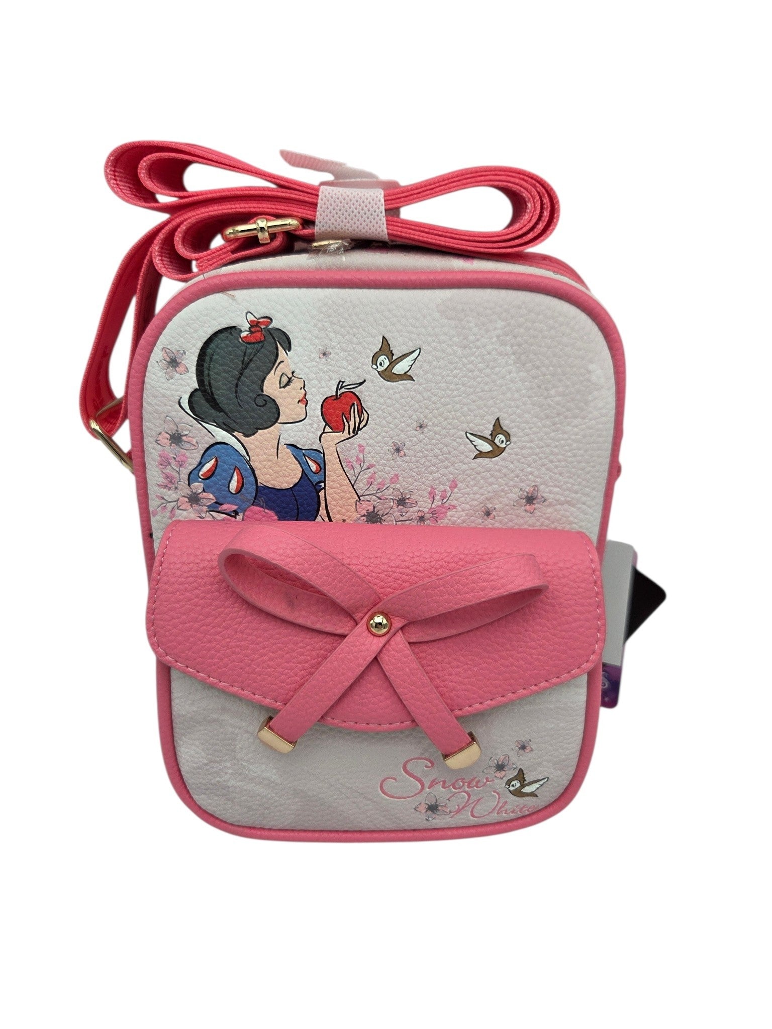 Momof2boyz Shop Snow White vegan leather crossbody bag with pink trim, front bow pocket, and floral apple illustration.