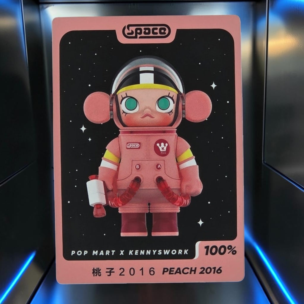 Momof2boyz Shop collectible art card featuring the pink Space Molly astronaut figure by POP MART and Kennyswork