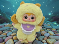 Momof2boyz Shop Samuel Ocean Reunion Day spiny porpoise plush figure in a yellow fuzzy hood with a purple bib.