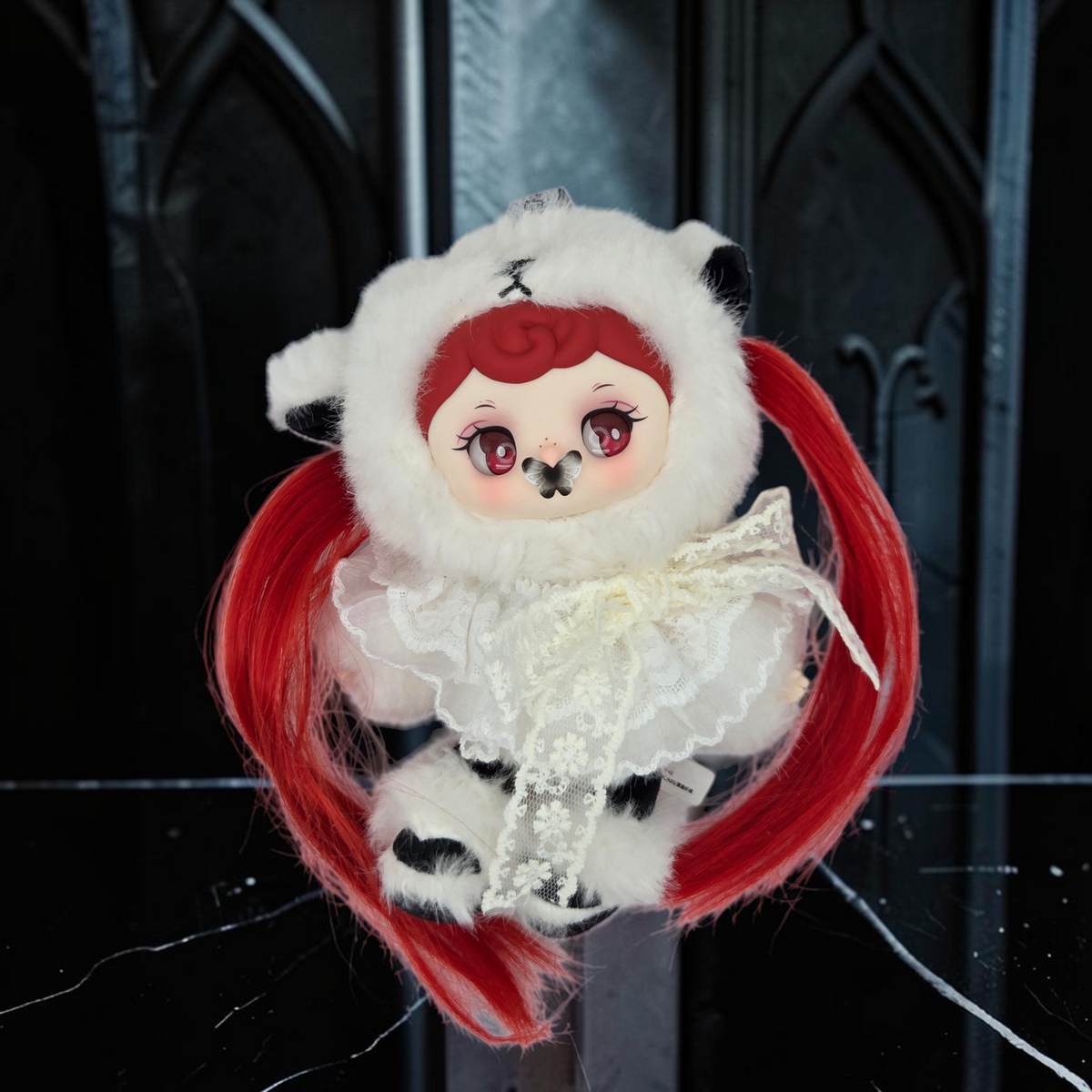 Momof2boyz Shop Silent Haven Tarti plush figure with white faux fur hood, red hair, and delicate lace collar.