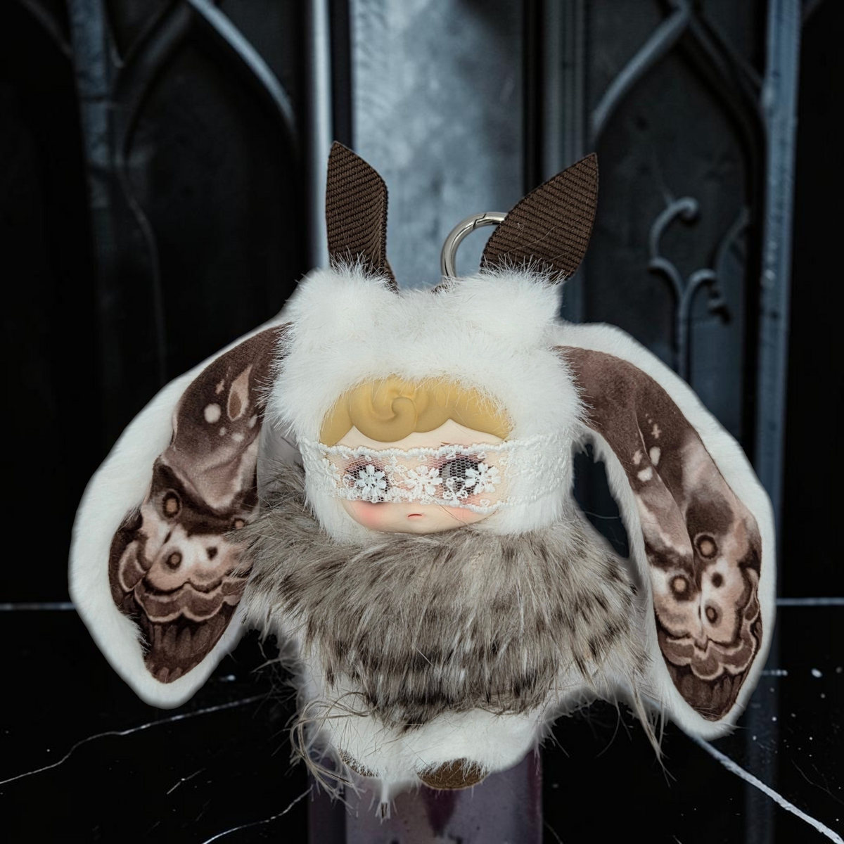Momof2boyz Shop Silent Haven Tarti Veiled Moth plush figure with faux fur, lace mask, and moth-patterned ears.