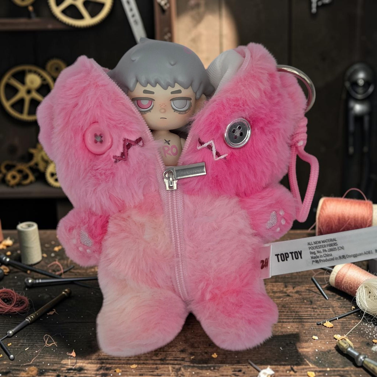 Momof2boyz Shop TOP TOY Zero Doll Rhapsody Series vinyl figure inside a fuzzy pink zippered bear plush keychain
