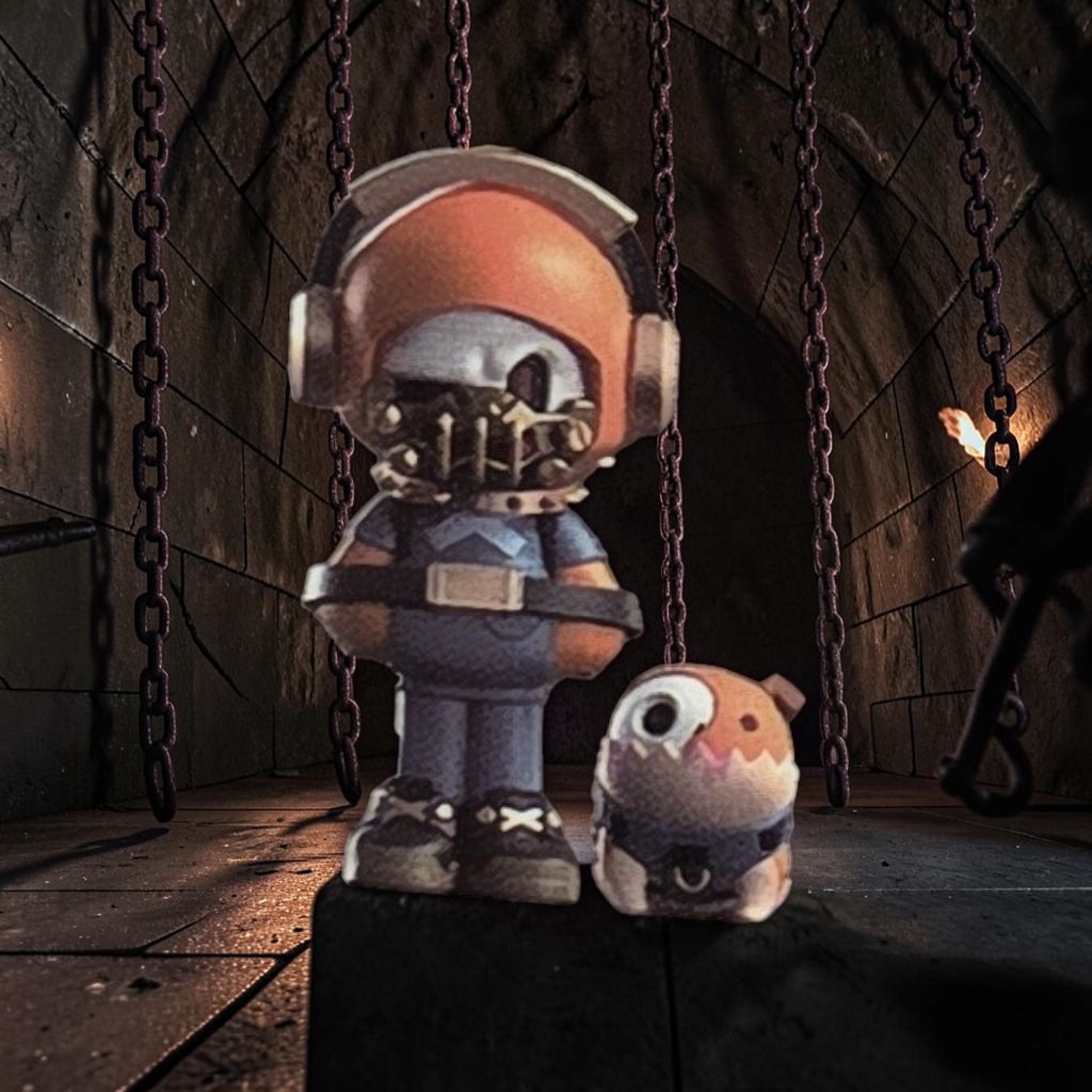 Momof2boyz Shop Wicked Union Mr. Bone collectible figure with matching companion pet in a dark dungeon setting