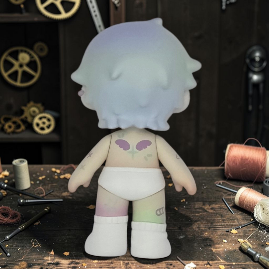 Back view of a Momof2boyz Shop Zero Doll Paradise Rhapsody Series vinyl figure with pastel hair and wing tattoo.