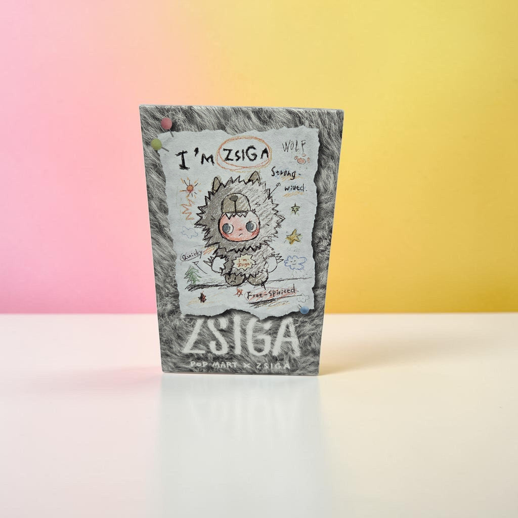 Momof2boyz Shop POP MART Zsiga collectible art toy display card featuring a wolf-inspired character illustration