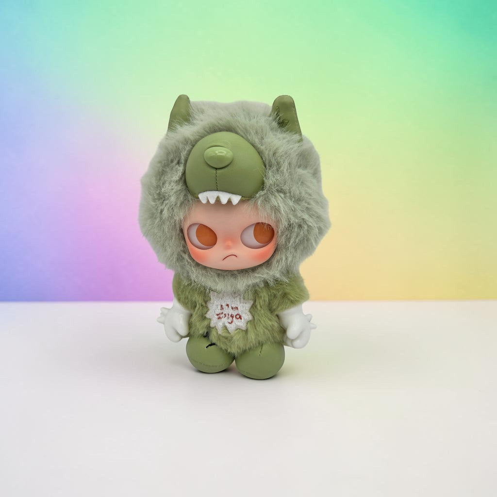 Momof2boyz Shop POP MART Zsiga collectible art toy featuring a green wolf-inspired plush hood and moody expression.