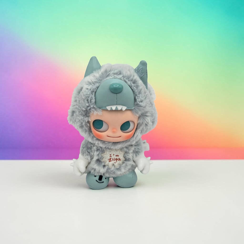 Momof2boyz Shop POP MART Zsiga collectible vinyl art toy wearing a grey plush wolf hood against a rainbow background