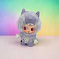 Momof2boyz Shop POP MART Zsiga collectible art toy featuring a purple plush wolf hood and expressive vinyl character.