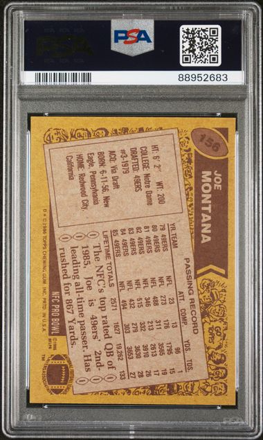 Graded 1986 Topps Joe Montana #156 Football Card PSA 8 NM-MT