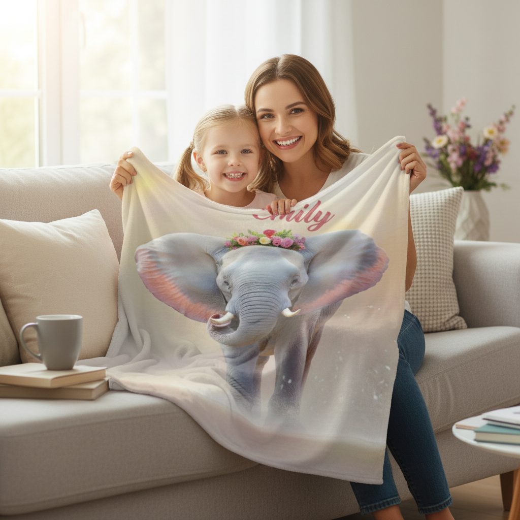 Personalized Elephant Blanket with Name | Custom Girl Gift