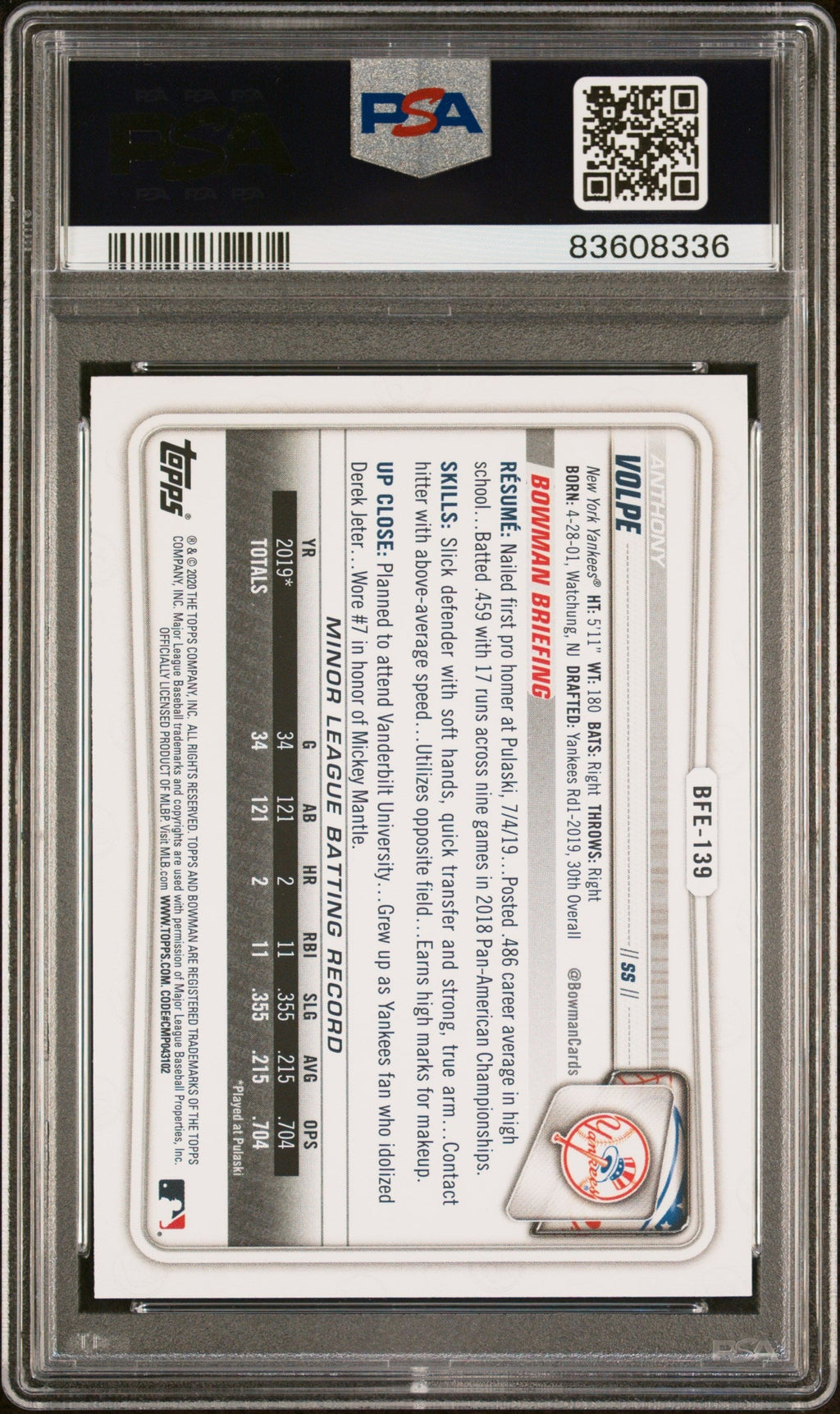 Graded 2020 Topps Bowman 1st Edition Anthony Volpe #BFE139 Sky Blue Foil Rookie RC Baseball Card PSA 10 Gem Mint