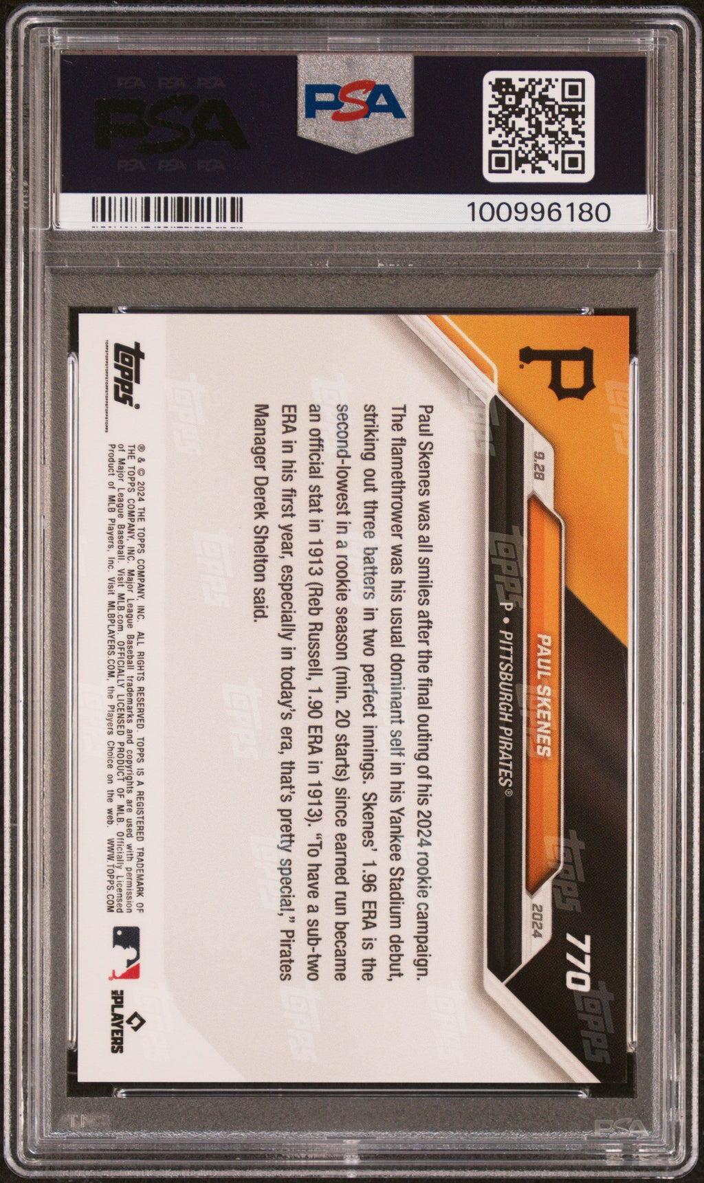 Graded 2024 Topps Now Paul Skenes #770 1.96ERA is 2nd Lowest By Rookie Hurler Since 1913 Rookie RC Baseball Card PSA 10 Gem Mint