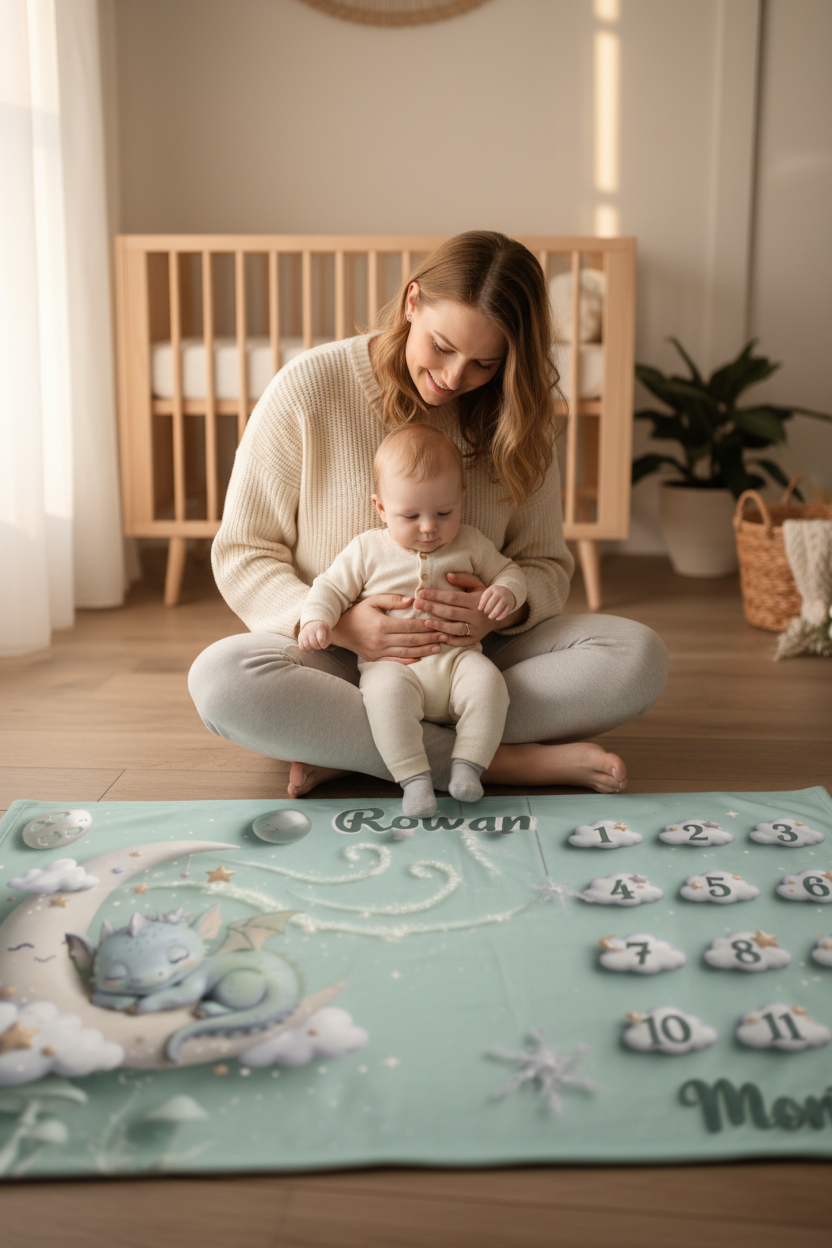 Personalised Baby Milestone Blanket | Sleeping Dragon & Moon 3D Deluxe
