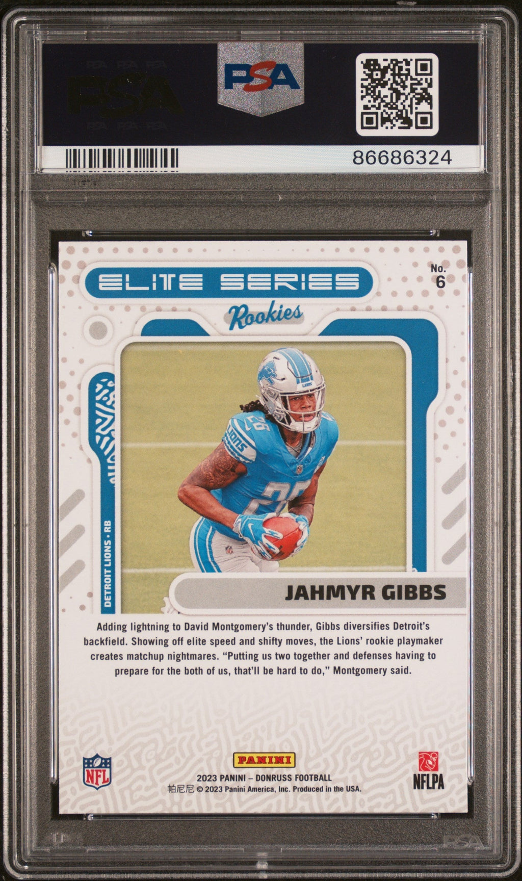 Graded 2023 Panini Donruss Jahmyr Gibbs #6 Elite Series Rookies RC Football Card PSA 10 Gem Mint