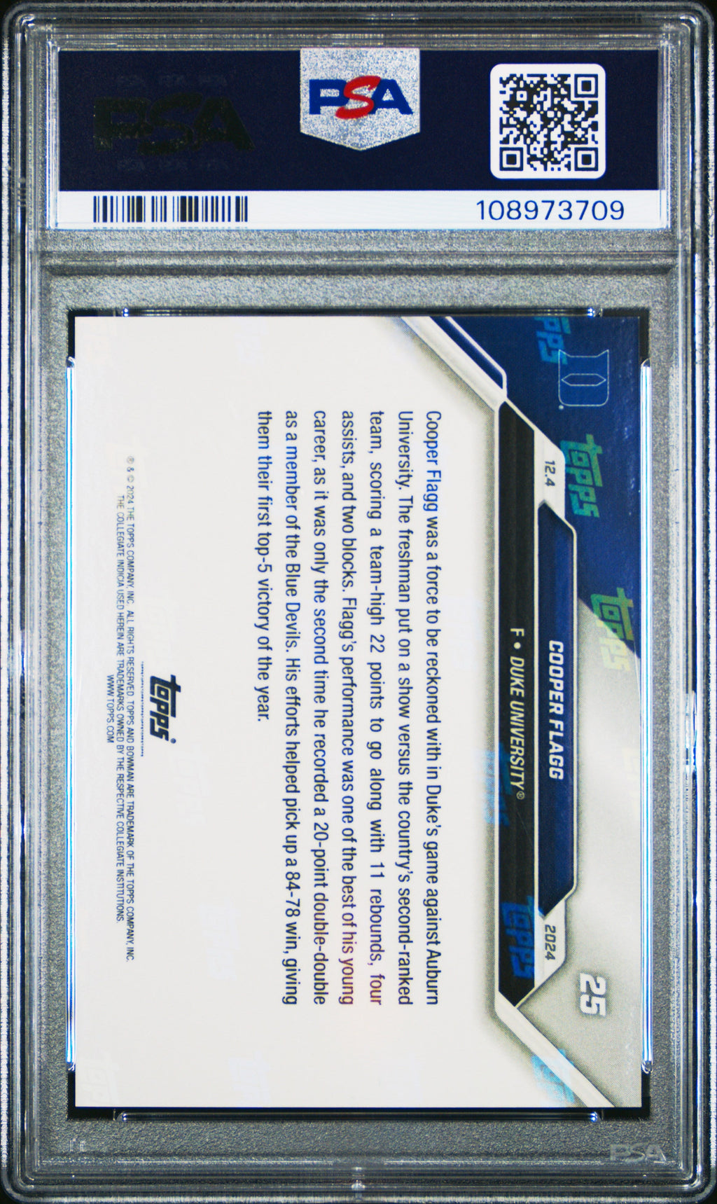 Graded 2024 Topps Bowman U Now Cooper Flagg #25 Purple /25 Rookie RC Basketball Card PSA 10 Gem Mint