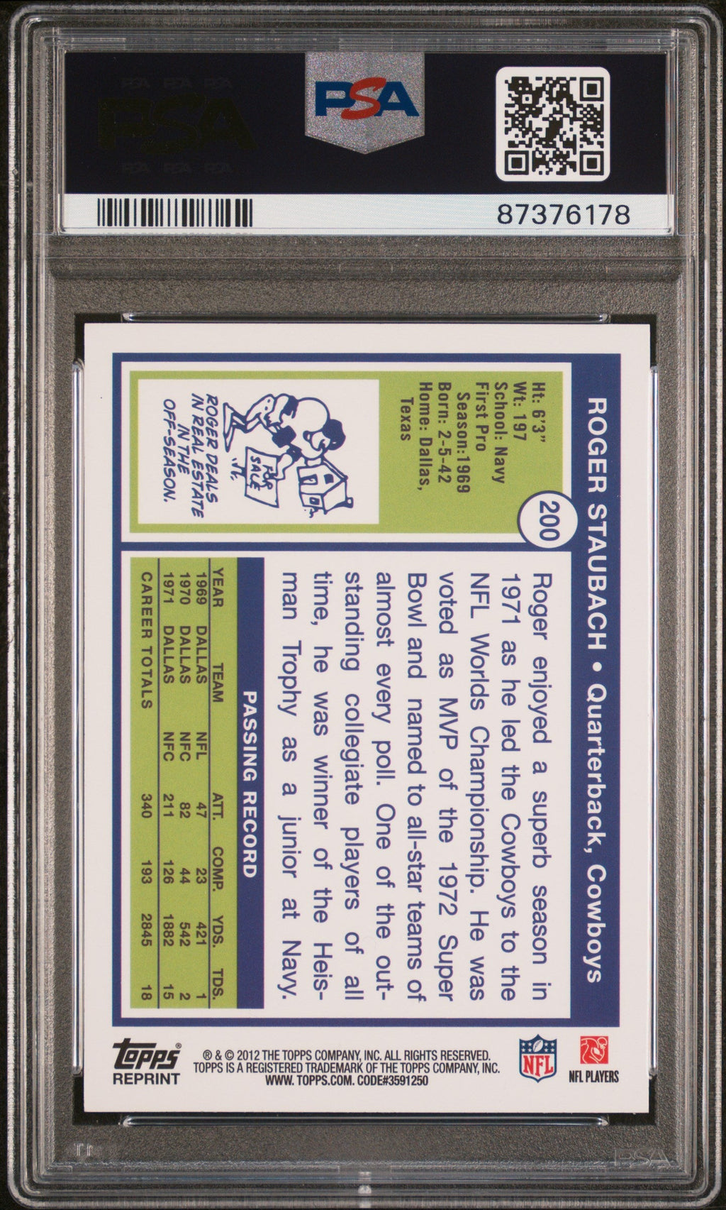 Graded 2012 Topps Roger Staubach #200 Rookie Reprint Football Card PSA 10 Gem Mint
