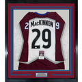 Framed Autographed/Signed Nathan MacKinnon 35x39 Colorado White Hockey Jersey JSA COA #2