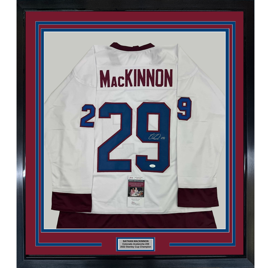 Framed Autographed/Signed Nathan MacKinnon 35x39 Colorado White Hockey Jersey JSA COA