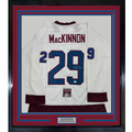 Framed Autographed/Signed Nathan MacKinnon 35x39 Colorado White Hockey Jersey JSA COA