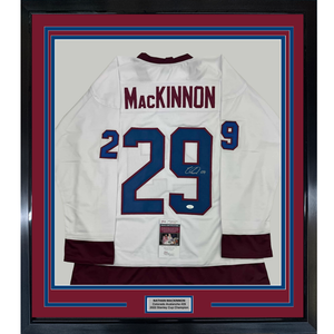 Framed Autographed/Signed Nathan MacKinnon 35x39 Colorado White Hockey Jersey JSA COA