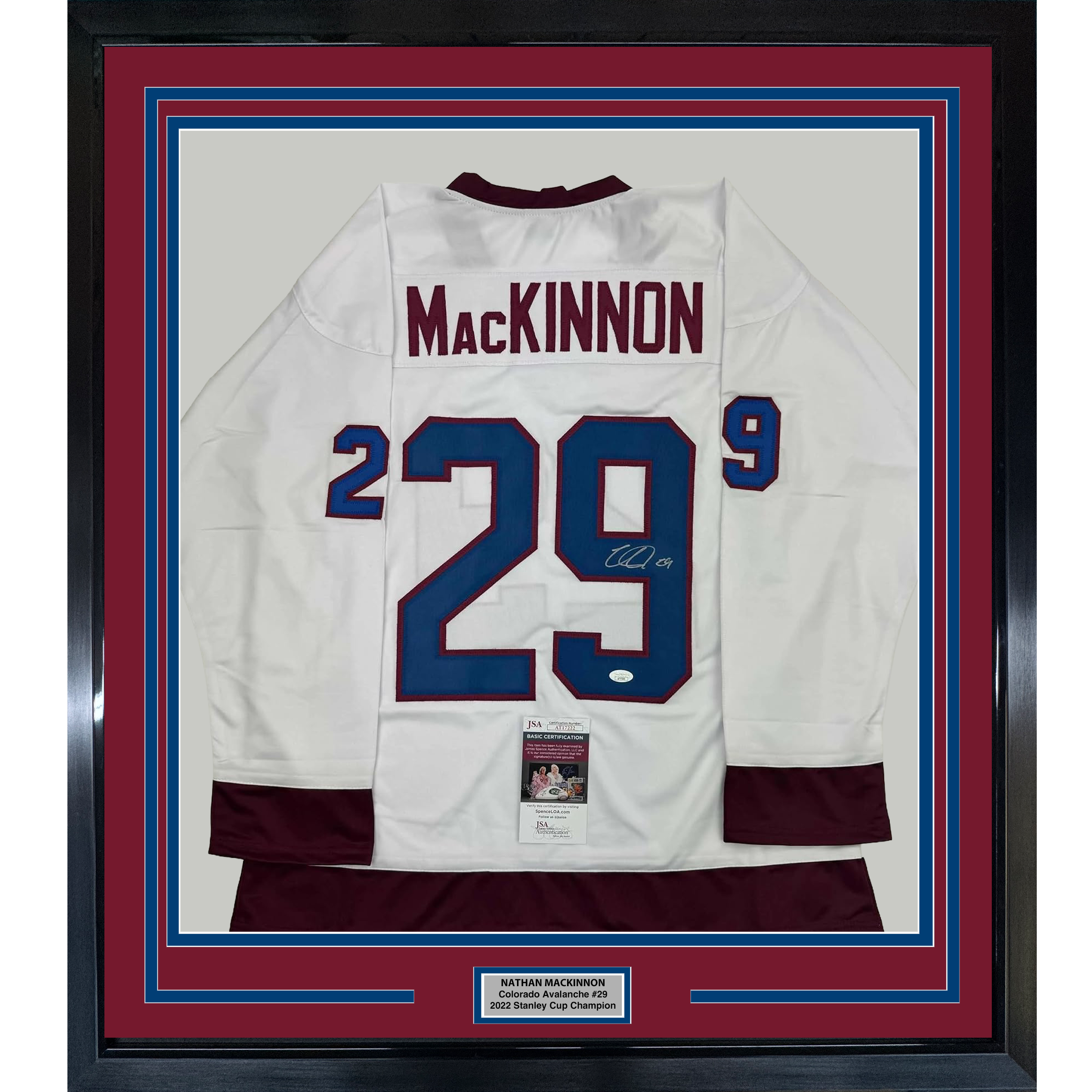 Framed Autographed/Signed Nathan MacKinnon 35x39 Colorado White Hockey Jersey JSA COA