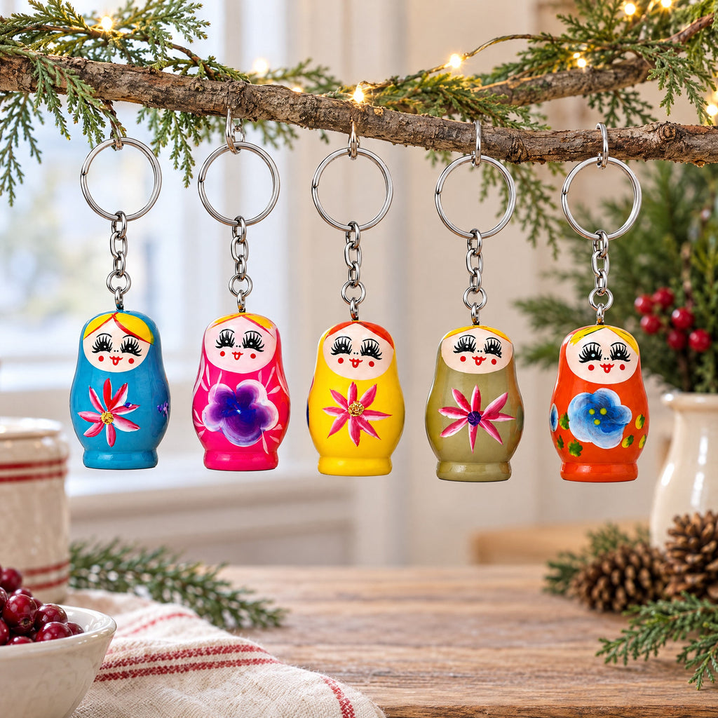 5 Wooden Nesting Dolls Key Chains 1.75 Inches