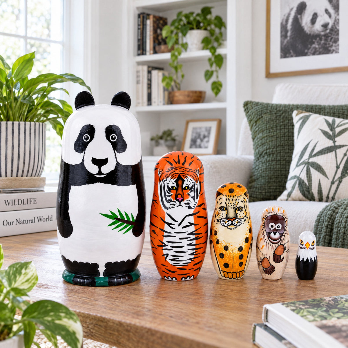 Panda, Tiger, Leopard, Monkey, Eagle Wooden Nesting Dolls