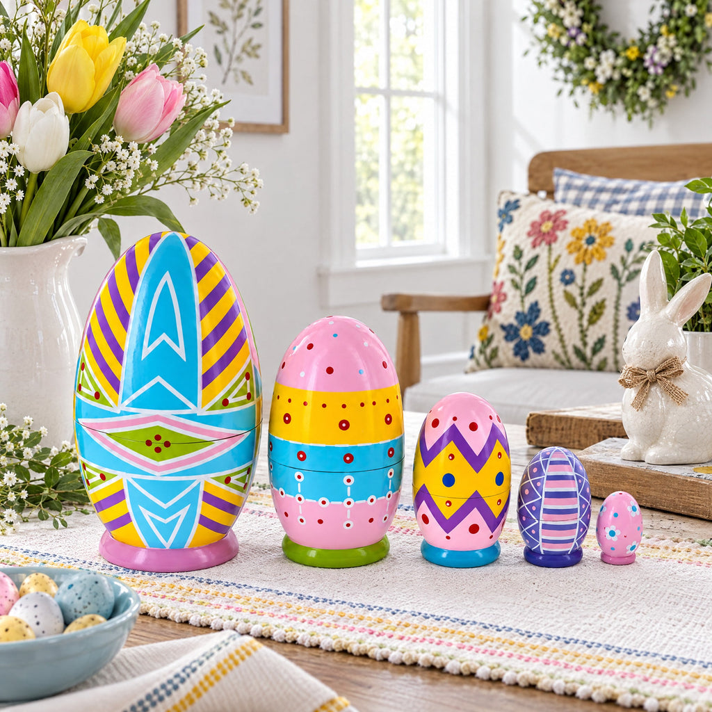Set of 5 Ukrainian Style Easter Eggs Wooden Nesting Dolls 5 Inches