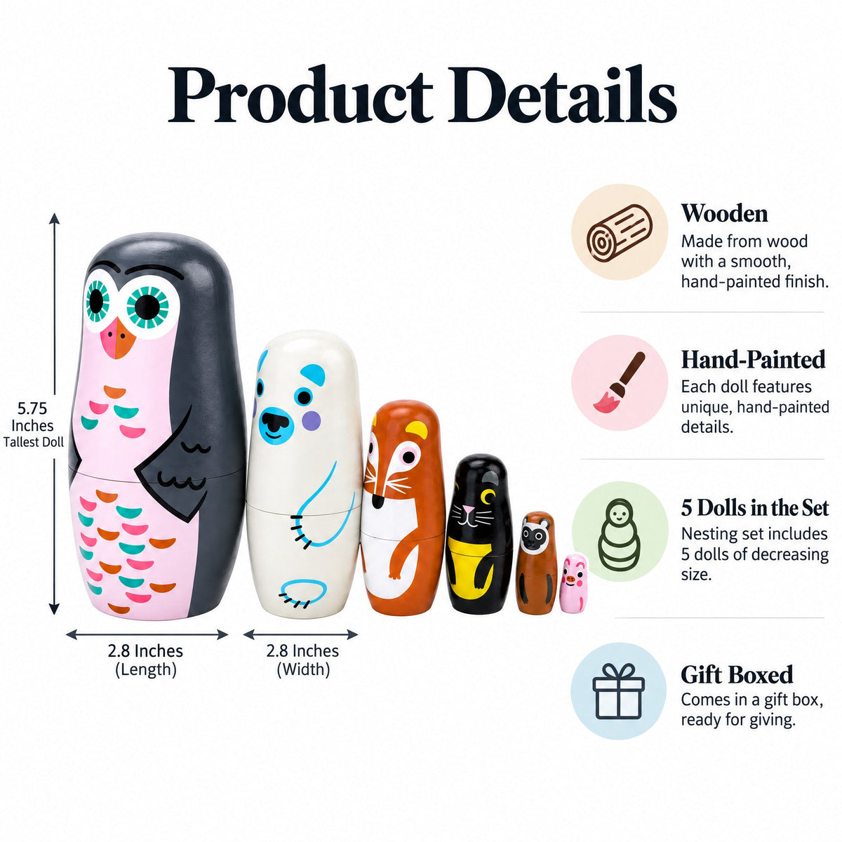 Set of 6 Animals Wooden Nesting Dolls