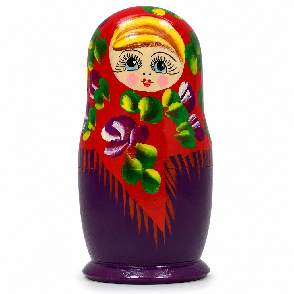 Set of 3 Wooden Floral Nesting Dolls - 3.5" Red & Purple Flower Matryoshka