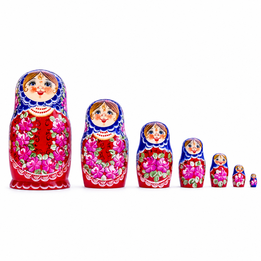 Set of 7 Blue Scarf Red Dress  Nesting Dolls 8.5 Inches
