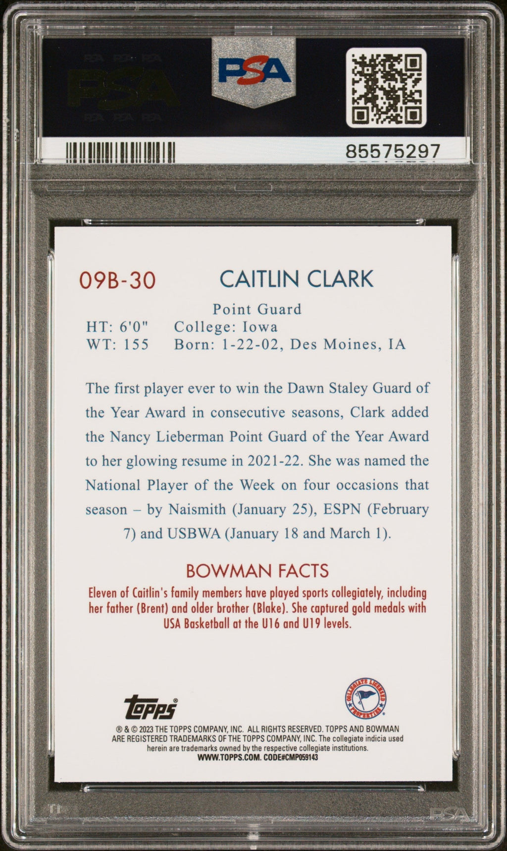 Graded 2022 Topps Bowman University Caitlin Clark #09B30 2009 Bowman Rookie RC Basketball Card PSA 10 Gem Mint