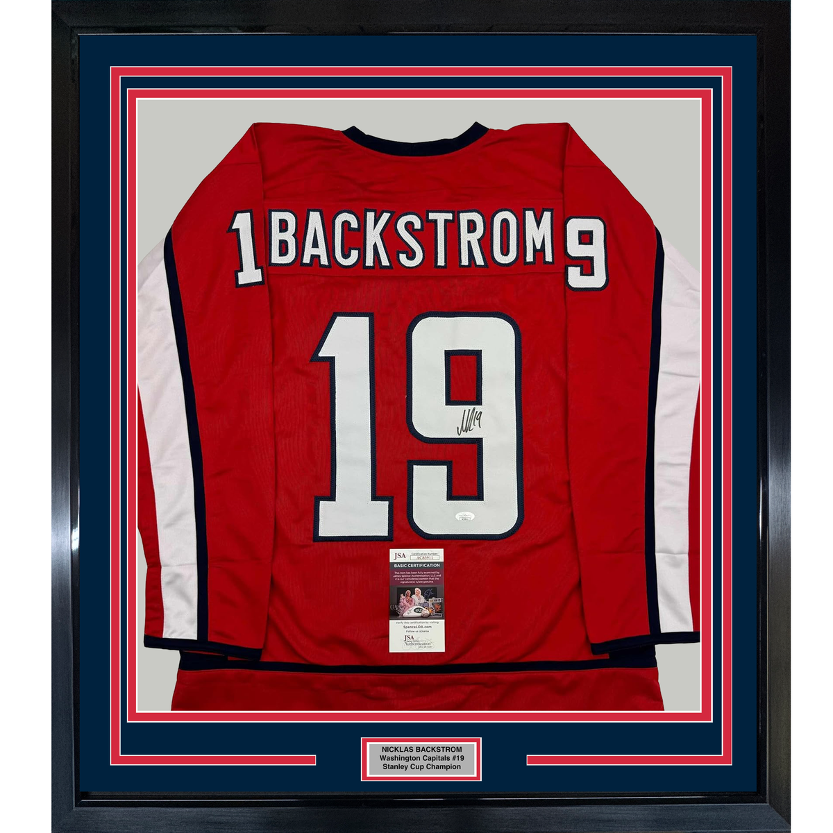 Framed Autographed/Signed Nicklas Backstrom 35x39 Washington Red Hockey Jersey JSA COA