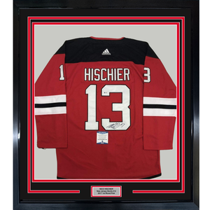 Framed Autographed/Signed Nico Hischier 35x39 New Jersey Red Hockey Jersey Beckett BAS COA
