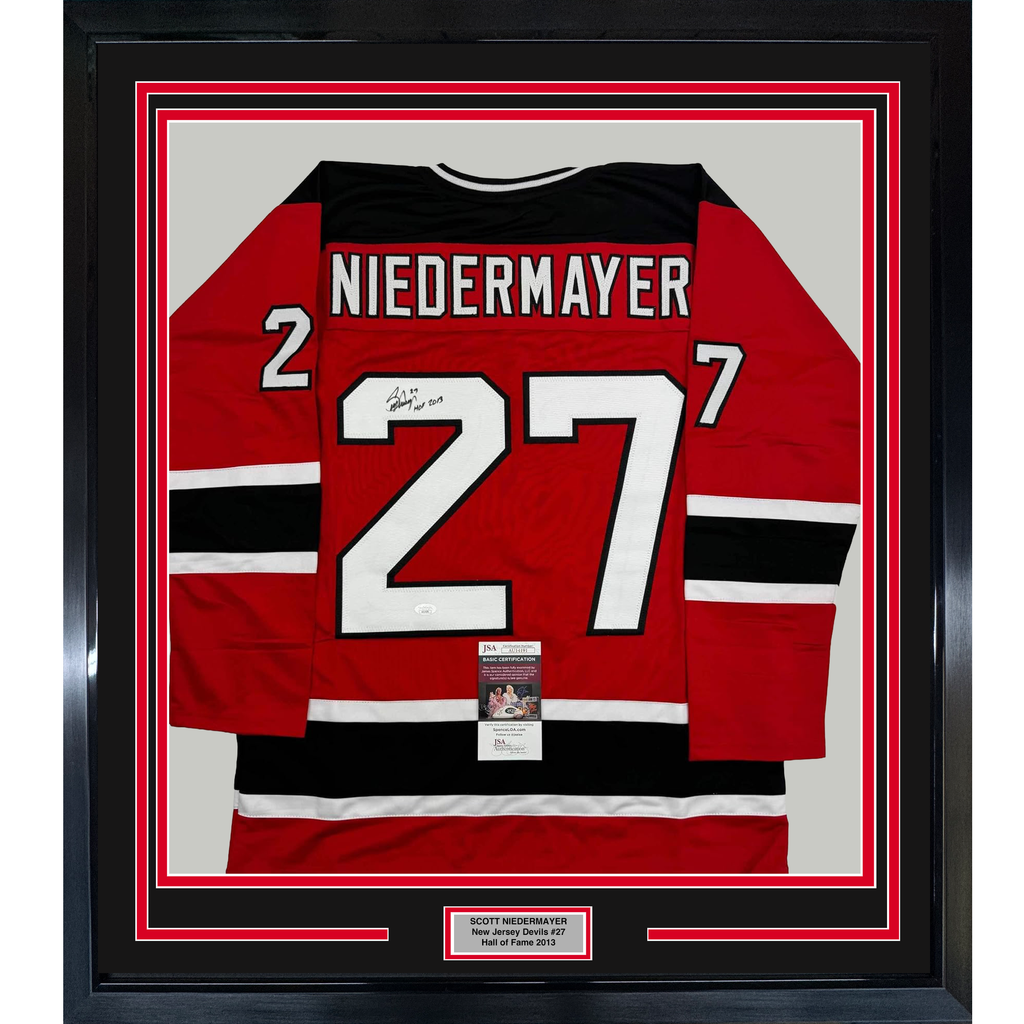 Framed Autographed/Signed Scott Niedermayer "HOF 2013" 35x39 New Jersey Red Hockey Jersey JSA COA