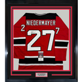 Framed Autographed/Signed Scott Niedermayer "HOF 2013" 35x39 New Jersey Red Hockey Jersey JSA COA