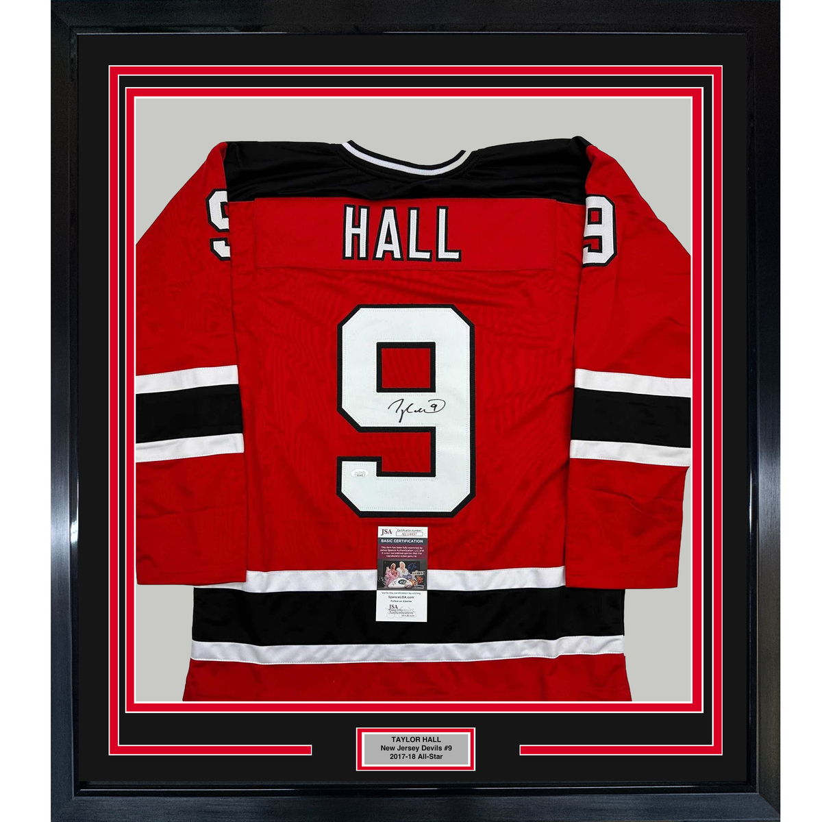 Framed Autographed/Signed Taylor Hall 35x39 New Jersey Red Hockey Jersey JSA COA