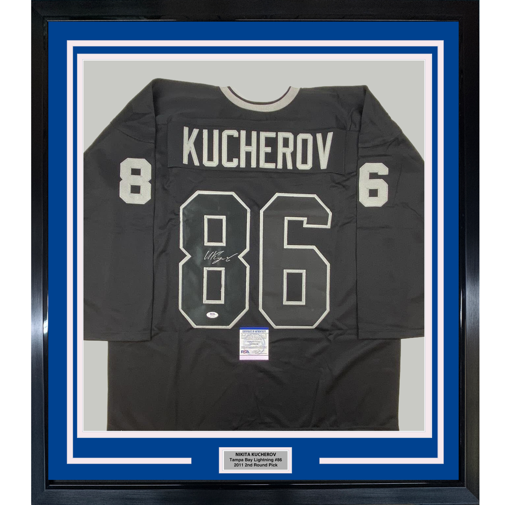 Framed Autographed/Signed Nikita Kucherov 35x39 Tampa Bay Black Hockey Jersey PSA/DNA COA
