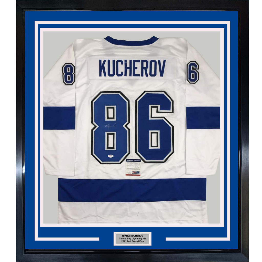 Framed Autographed/Signed Nikita Kucherov 35x39 Tampa Bay White Hockey Jersey PSA/DNA COA