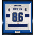 Framed Autographed/Signed Nikita Kucherov 35x39 Tampa Bay White Hockey Jersey PSA/DNA COA